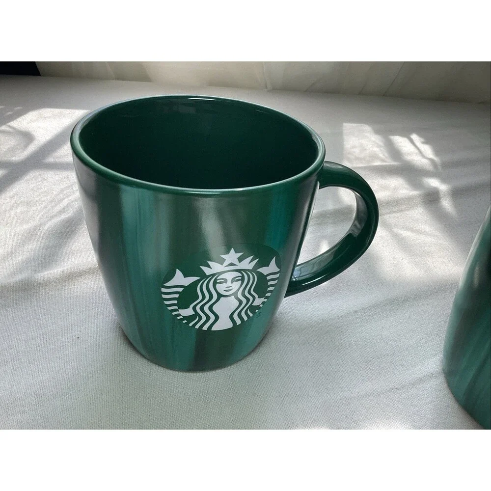 Starbucks Coffee Mugs 12oz 2022‎ Green Brush Stroke Marble-Set of 2 Mugs Mermaid